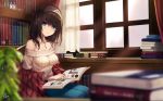  1girl black_hair blue_eyes blurry blush book breasts commentary_request curtains depth_of_field fukai_ryousuke hairband holding holding_book idolmaster idolmaster_cinderella_girls jewelry long_hair looking_at_viewer off-shoulder_sweater pendant ribbed_sweater sagisawa_fumika shawl solo sweater window 