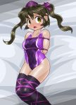 1girl black_legwear blush bound brown_eyes brown_hair checkered checkered_swimsuit competition_swimsuit hat himekaidou_hatate looking_at_viewer lying one-piece_swimsuit open_mouth purple_ribbon purple_swimsuit ribbon solo swimsuit tears thigh-highs tokin_hat touhou twintails winn 