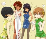  4girls alternate_costume baozi black_hair black_legwear blue_dress blush brown_eyes brown_hair china_dress chinese_clothes closed_eyes cowboy_shot cutout dark_skin dress floral_print food freckles frown girls_und_panzer green_eyes green_shirt green_shorts hair_ornament hand_on_hip holding holding_food hoshino_(girls_und_panzer) long_dress long_sleeves looking_at_another multiple_girls nakajima_(girls_und_panzer) oimo_mushi pantyhose shirt short_dress short_hair short_shorts short_twintails shorts side_slit sleeveless sleeveless_dress smile sparkle standing suzuki_(girls_und_panzer) sweatdrop thought_bubble tsuchiya_(girls_und_panzer) twintails very_short_hair white_dress yellow_background yellow_dress 