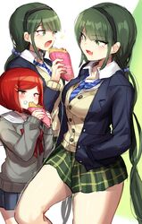  2girls alternate_costume blue_jacket blush bow buttons cardigan chabashira_tenko collared_shirt crepe dangan_ronpa drooling eating fang food green_eyes green_hair hair_ornament hairclip hands_in_pockets headband highres holding holding_food jacket long_hair long_sleeves mole multiple_girls necktie new_dangan_ronpa_v3 open_clothes open_jacket open_mouth pleated_skirt red_bow redhead sailor_collar school_uniform shirt short_hair skirt smile suurin_(ksyaro) sweater twintails yumeno_himiko 