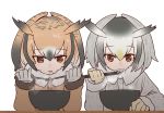  2girls bowl chopsticks eating eurasian_eagle_owl_(kemono_friends) food fur_coat gradient_hair holding_chopsticks kemono_friends multicolored_hair multiple_girls noodles northern_white-faced_owl_(kemono_friends) short_hair simple_background smoke sumiyao_(amam) table white_background 