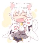  1boy ^_^ animal_ears bell bell_collar cat_ears cat_paws cat_tail chibi closed_eyes collar fang japanese_clothes male_focus open_mouth paws pom_pom_(clothes) sitting smile tail touken_ranbu tsurumaru_kuninaga uni_(nofty) white_hair 