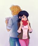  1boy 1girl adrien_agreste back-to-back black_hair blonde_hair blue_eyes blush denim earrings frown heart highres jeans jewelry marinette_dupain-cheng miraculous_ladybug pants paper pink_pants signature stud_earrings sweet-childhood-dreams twintails 