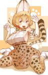  1girl animal_ears bare_shoulders blonde_hair blush bow bowtie breasts claw_pose colk elbow_gloves fangs gloves highres kemono_friends looking_at_viewer open_mouth serval_(kemono_friends) serval_ears serval_print serval_tail shirt short_hair sideboob sitting skirt smile solo tail wariza 