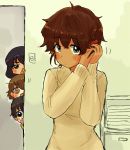  4girls adjusting_hair around_corner bangs black_hair blue_eyes blush brown_dress brown_eyes brown_hair casual chibi closed_mouth dark_skin dress freckles girls_und_panzer green_eyes hair_ribbon holding hoshino_(girls_und_panzer) long_sleeves looking_at_viewer multiple_girls nakajima_(girls_und_panzer) oimo_mushi open_mouth peeking peeking_out red_ribbon ribbon short_hair sketch standing suzuki_(girls_und_panzer) sweater sweater_dress tsuchiya_(girls_und_panzer) 