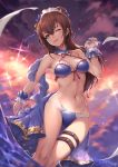  1girl alternate_costume bare_shoulders beatrix_(granblue_fantasy) bikini blue_bikini blush breasts brown_eyes brown_hair cleavage eyebrows_visible_through_hair granblue_fantasy groin hair_between_eyes long_hair looking_at_viewer medium_breasts navel one_eye_closed open_mouth parfaitlate ponytail smile solo swimsuit wrist_cuffs 