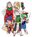  4girls baseball_cap black_legwear blue_eyes blue_hair boots bra controller earrings falco_lombardi fingerless_gloves fox_mccloud genderswap genderswap_(mtf) gloves green_eyes green_hair grey_hair gun hat holding holding_weapon humanization jacket jewelry multicolored_hair multiple_girls nemurism orange_hair peppy_hare redhead scarf short_hair shorts skirt slippy_toad smile star_fox thigh-highs two-tone_hair underwear weapon white_hair zettai_ryouiki 