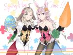  2girls animal_ears breasts bunnysuit carrot cleavage easter_egg fire_emblem fire_emblem_heroes fire_emblem_if gloves hair_ornament holding looking_at_viewer multiple_girls ophelia_(fire_emblem_if) rabbit_ears smile soleil_(fire_emblem_if) 