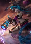  1girl absurdly_long_hair ammunition_belt asymmetrical_legwear blue_hair bo_liu braid fingerless_gloves gloves gun handgun highres jewelry jinx_(league_of_legends) league_of_legends lightning long_hair medallion missile pink_eyes pistol riding smile solo thigh-highs tongue tongue_out twin_braids very_long_hair weapon 