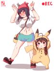  2017 2girls ahoge alternate_costume arms_up bag between_breasts black_hair blush braid breasts commentary_request cosplay costume dated embarrassed full_body hair_over_shoulder headgear highres kanon_(kurogane_knights) kantai_collection large_breasts long_hair looking_at_viewer multiple_girls navel pikachu pikachu_(cosplay) pokemon red_eyes shigure_(kantai_collection) short_hair signature single_braid smile standing strap_cleavage yamashiro_(kantai_collection) 