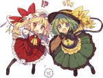  !? &gt;:d 2girls :d :o aqua_eyes black_hat black_legwear blonde_hair blouse blue_legwear bow brown_shoes eyebrows_visible_through_hair flandre_scarlet frilled_blouse frilled_hat frilled_shirt_collar frilled_skirt frills green_hair green_skirt hat hat_bow hat_ribbon kedama komeiji_koishi loafers long_hair looking_at_viewer mob_cap multiple_girls open_mouth pointy_ears puffy_short_sleeves puffy_sleeves red_bow red_eyes red_skirt red_vest ribbon shoes short_hair short_sleeves side_ponytail skirt smile third_eye touhou transparent_background usamata vest white_hat wide_sleeves wings yellow_blouse yellow_ribbon 