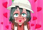  1girl artist_request bag black_hair blue_eyes blush bohegao face gloves hands_on_own_cheeks hands_on_own_face hat hat_feather heart heart_in_mouth kaban kemono_friends kobayashi-san_chi_no_maidragon open_mouth parody pink_background saikawa_riko shirt short_sleeves simple_background smile solo t-shirt wavy_mouth 