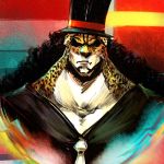  &gt;:( 1boy black_hair collarbone curly_hair dolvadeen facial_hair formal furry hat leopard_ears lips long_hair male_focus necktie one_piece rob_lucci shaded_face solo suit top_hat upper_body 