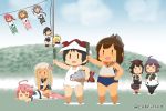  6+girls ahoge basket black_hair blonde_hair brown_eyes brown_hair capriccyo chibi headphones highres hill i-13_(kantai_collection) i-14_(kantai_collection) i-168_(kantai_collection) i-19_(kantai_collection) i-26_(kantai_collection) i-401_(kantai_collection) i-58_(kantai_collection) i-8_(kantai_collection) kantai_collection kodomo_no_hi koinobori long_hair maru-yu_(kantai_collection) multiple_girls paper_hat paper_kabuto pink_hair pole purple_hair redhead riding ro-500_(kantai_collection) sailor_collar sailor_shirt school_uniform shirt short_hair sisters standing taigei_(kantai_collection) twins twitter_username 