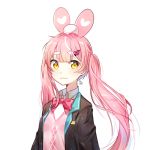  1girl :3 animal_ears argyle argyle_sweater_vest bangs blazer blunt_bangs blush bow bowtie brown_jacket collared_shirt eyebrows_visible_through_hair fake_animal_ears hair_ornament hairclip heart_hair_ornament jacket long_hair looking_at_viewer moong_gya original pink_bow pink_hair pink_shirt rabbit_ears school_uniform shirt short_eyebrows signature simple_background solo sparkle sweater_vest twintails uniform upper_body white_background yellow_eyes 