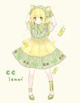  &gt;:) 1girl ankle_cuffs ankle_wraps anklet arms_up beige_background blonde_hair blush body_blush c.c._lemon c.c._lemon_(character) can dot_nose dress drink eyebrows_visible_through_hair eyelashes food frills fruit full_body gradient_hair green_eyes green_footwear green_hair green_ribbon green_shoes head_scarf heart holding holding_food holding_fruit jewelry lemon looking_at_viewer mary_janes multicolored_hair navel neck_ribbon panties plant polka_dot polka_dot_ribbon puffy_short_sleeves puffy_sleeves ribbon see-through shoes short_hair short_sleeves simple_background smile solo standing striped striped_dress striped_panties tareme tenhana39 two-tone_hair underwear vertical-striped_dress vertical_stripes wristband 