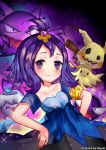  1girl :3 acerola_(pokemon) artist_name blush breasts cleavage collarbone dayuh dress gastly gradient gradient_background hands_on_hips haunter image_sample litwick looking_at_viewer mimikyu open_mouth pokemon pokemon_(creature) pokemon_(game) pokemon_sm purple_hair short_hair short_sleeves smile sparkle tumblr_sample 