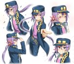  &gt;:) 1girl akebono_(kantai_collection) blue_coat blue_hat blue_pants closed_eyes collarbone cosplay female frown grin hat jojo_no_kimyou_na_bouken kantai_collection kuujou_joutarou kuujou_joutarou_(cosplay) long_hair long_sleeves multiple_views nedia_r pants pointing purple_hair smile very_long_hair violet_eyes white_background 