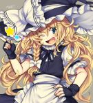 1girl black_gloves black_ribbon blonde_hair blue_eyes blush bow eyebrows_visible_through_hair fingerless_gloves gloves hair_bow hand_on_hip hat index_finger_raised iroyopon kirisame_marisa looking_at_viewer one_eye_closed ribbon smile solo touhou white_bow witch witch_hat 