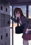  1girl 3: 3:&lt; bag blazer blush bow bowtie breasts brown_eyes brown_hair clouds cloudy_sky collared_shirt commentary dress_shirt hair_between_eyes hair_ornament hairclip highres holding_letter indoors jacket kooan leaning_forward letter locker locker_room long_hair love_letter medium_breasts nervous original pleated_skirt red_bow red_bowtie red_skirt revision school school_bag school_uniform shirt shoe_lockers shoulder_bag skirt sky solo striped striped_bow striped_bowtie sweatdrop white_shirt 