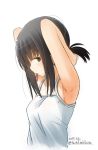  1girl 2017 alternate_costume armpits arms_behind_head bare_shoulders black_eyes black_hair breasts camisole dated fubuki_(kantai_collection) fujisaki_yuu_(faint_wistaria) hair_tie kantai_collection long_hair low_ponytail ponytail short_ponytail sidelocks simple_background solo twitter_username tying_hair upper_body white_background 