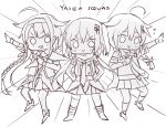  3girls :&gt; ? ahoge braid commentary gloves greyscale hair_flaps hair_ornament hair_ribbon hairband hairclip hands_on_hips kantai_collection kawakaze_(kantai_collection) kvlen long_hair monochrome multiple_girls neckerchief night_battle_idiot open_mouth pleated_skirt pose remodel_(kantai_collection) ribbon scarf school_uniform sendai_(kantai_collection) sentai serafuku shigure_(kantai_collection) short_sleeves single_braid single_thighhigh skirt smile smirk thigh-highs twin_braids two_side_up 