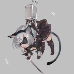  1girl animal_ears black_dress black_hairband blindfold boots carrying cat_ears cat_tail chibi cleavage_cutout commentary_request dress feather-trimmed_sleeves hairband kemonomimi_mode long_sleeves nier_(series) nier_automata pod_(nier_automata) silver_hair sweatdrop sword tail thigh-highs thigh_boots weapon yaku_(ziroken) yorha_no._2_type_b 