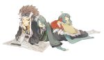  1boy 2girls asama_(fire_emblem_if) blue_hair fire_emblem fire_emblem_if japanese_clothes lying lying_on_person mitama_(fire_emblem_if) multiple_girls newspaper on_stomach setsuna_(fire_emblem_if) shourou_kanna simple_background white_background 