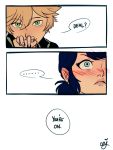  1boy 1girl adrien_agreste blonde_hair blue_eyes blue_hair blush ceejles comic english frown green_eyes highres holding_hand lips marinette_dupain-cheng miraculous_ladybug signature smile twintails 