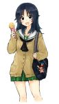  1girl bag bangs black_neckerchief blouse blue_eyes blue_hair brown_sweater cardigan carrying cowboy_shot food freckles girls_und_panzer green_skirt holding holding_food ice_cream_cone long_hair long_sleeves looking_at_viewer miniskirt neckerchief oimo_mushi ooarai_school_uniform open_mouth pleated_skirt rabbit school_bag school_uniform serafuku simple_background skirt smile solo standing stuffed_animal stuffed_toy white_background white_blouse winter_clothes yamagou_ayumi 