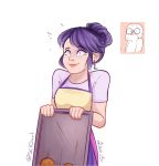  1girl alternate_hair_color alternate_hairstyle apron baking_sheet constricted_pupils cookie earrings food hair_bun highres jewelry lips marinette_dupain-cheng miraculous_ladybug motion_lines nervous signature smile solo stud_earrings sweat sweet-childhood-dreams 