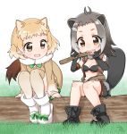  2girls beaver_ears beaver_tail bike_shorts bikini_top biting black-tailed_prairie_dog_(kemono_friends) blush boots breasts brown_eyes elbow_gloves full_body fur_collar gloves gradient_hair grass grey_hair jacket kemono_friends light_brown_hair log long_sleeves multicolored_hair multiple_girls nature navel north_american_beaver_(kemono_friends) open_clothes open_jacket open_mouth outdoors plastic prairie_dog_ears prairie_dog_tail short_hair shorts simple_background sitting skirt smile sweater_vest torn_clothes under_boob white_background wood 