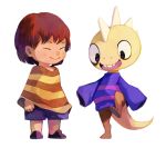  androgynous bluekomadori brown_hair closed_eyes cosplay costume_switch frisk_(undertale) full_body long_sleeves looking_down monster_kid_(undertale) open_mouth shirt short_hair shorts simple_background smile standing standing_on_one_leg striped striped_shirt tail undertale white_background 
