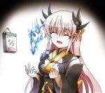  1girl 2017 :d april_fools burning calendar_(object) closed_eyes commentary_request dated eyebrows_visible_through_hair fate/grand_order fate_(series) fire hair_ornament horns japanese_clothes kimono kiyohime_(fate/grand_order) long_hair open_mouth sash smile solo suga_leon wide_sleeves 