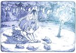  1girl animal_ears blue elbow_gloves fire flying_sweatdrops gloves kemono_friends monochrome paper_airplane sakino_shingetsu serval_(kemono_friends) serval_ears serval_print serval_tail short_hair sitting solo spoilers tail thigh-highs torch tree 