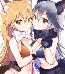  2girls animal_ears bow bowtie breasts cleavage commentary_request ezo_red_fox_(kemono_friends) highres kemono_friends multiple_girls omucchan_(omutyuan) panties panties_under_pantyhose pantyhose silver_fox_(kemono_friends) tail underwear 