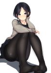  1girl 3: bangs black_hair black_legwear black_serafuku black_skirt blue_eyes blush cardigan closed_mouth eyebrows_visible_through_hair feet feet_together hand_on_own_cheek highres kagematsuri knees_together_feet_apart looking_at_viewer no_shoes original panties panties_under_pantyhose pantyhose pigeon-toed pleated_skirt school_uniform serafuku shadow short_hair sidelocks simple_background sitting skirt solo sweatdrop thighband_pantyhose toes underwear white_background 