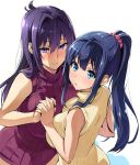  2girls :o amaya_haruko blue_eyes blue_hair blush breasts interlocked_fingers large_breasts long_hair maken-ki! multiple_girls nijou_aki ponytail smile sweater takeda_hiromitsu 