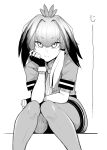  1girl ahoge bodystocking check_translation chin_rest expressionless eyebrows_visible_through_hair fingerless_gloves gloves highres kemono_friends looking_at_viewer monochrome necktie shirt shoebill_(kemono_friends) short_hair short_sleeves sitting translated tsurime warugaki_(sk-ii) 