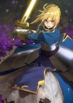  1girl armor armored_dress blonde_hair excalibur fate/stay_night fate_(series) gauntlets glowing glowing_weapon green_eyes hair_bun highres nanbo_ataru_(attall) saber solo sword weapon 