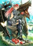  apple armor axe backless_outfit battle_axe boots breastplate butterfly company_connection copyright_name daigoman dragon fire_emblem fire_emblem:_kakusei fire_emblem_cipher food fruit garter_straps gauntlets holding long_hair looking_at_viewer looking_back minerva_(fire_emblem:_kakusei) official_art outdoors pauldrons pink_hair red_eyes serge_(fire_emblem) sharp_teeth sitting smile teeth thigh-highs thigh_boots weapon wyvern zettai_ryouiki 