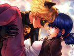  1boy 1girl adrien_agreste animal_ears bell black_bodysuit blonde_hair blue_eyes blue_hair bodysuit carrying cat_ears ceejles chat_noir claws clouds collaboration domino_mask fake_animal_ears hair_ribbon jingle_bell kamille_areopagita marinette_dupain-cheng mask miraculous_ladybug princess_carry ribbon signature twintails 