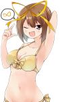  amai_nekuta arm_behind_head armpits bikini breasts brown_hair cleavage collarbone hair_ribbon highres looking_at_viewer maroon_eyes medium_hair navel one_eye_closed open_mouth ribbon side-tie_bikini speech_bubble swimsuit takamiya_nasuno takamiya_nasuno_desu! teekyuu upper_body yellow_bikini 