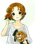  1girl bangs black_bow black_ribbon blue_eyes blush bouquet bow braid casual collarbone collared_shirt flower girls_und_panzer hair_bow hair_flower hair_ornament holding holding_bouquet looking_at_viewer oimo_mushi orange_flower orange_hair orange_pekoe parted_bangs parted_lips ribbon shirt short_hair short_sleeves simple_background smile solo standing tied_hair twin_braids upper_body white_background white_shirt 