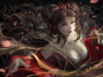  1girl bare_shoulders breasts brown_eyes brown_hair cleavage fingernails guqin_sona hair_ornament jewelry league_of_legends lipstick long_fingernails long_hair makeup nail_polish necklace pearl_necklace phong_anh solo sona_buvelle very_long_hair watermark 