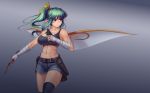  1girl alternate_costume bandage bandaged_arm breasts cleavage daiyousei fairy_wings gradient gradient_background green_hair hair_ribbon hater_(hatater) highres large_breasts long_hair looking_away midriff navel pointy_ears ribbon shorts side_ponytail solo thigh-highs toned touhou wings zettai_ryouiki 