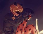  1boy 1girl adrien_agreste animal_ears bell black_hair blonde_hair blue_eyes blurry blush bodysuit cat_ears ceejles chat_noir depth_of_field domino_mask eiffel_tower fake_animal_ears green_eyes highres jingle_bell ladybug_(character) marinette_dupain-cheng mask miraculous_ladybug night night_sky polka_dot signature sky twintails tying_hair 