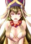 1girl beads breasts cleavage commentary_request cowboy_shot earrings eyebrows_visible_through_hair fate/grand_order fate_(series) green_hair hair_between_eyes hat hikaru_310 jewelry large_breasts long_hair looking_at_viewer necklace open_mouth prayer_beads solo twitter_username upper_body violet_eyes xuanzang_(fate/grand_order) 