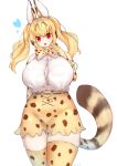  1girl :p absurdres animal_ears blonde_hair blush bow bowtie breasts cosplay elbow_gloves gloves head_tilt headphones highres huge_breasts kemono_friends kkusa looking_at_viewer nitroplus plump red_eyes serval_(kemono_friends) serval_(kemono_friends)_(cosplay) serval_ears serval_print serval_tail skirt sleeveless solo sticking_out_the_tongue super_pochaco tail thighs tongue tongue_out twintails 