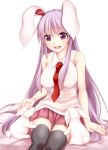  1girl animal animal_ears bare_shoulders black_legwear breasts bunny_tail collarbone hisae_(hisae_collect) large_breasts lavender_hair long_hair looking_down necktie open_mouth pleated_skirt purple_hair rabbit rabbit_ears red_eyes red_necktie reisen_udongein_inaba shirt simple_background sitting skirt sleeveless solo tail thigh-highs touhou very_long_hair white_background zettai_ryouiki 